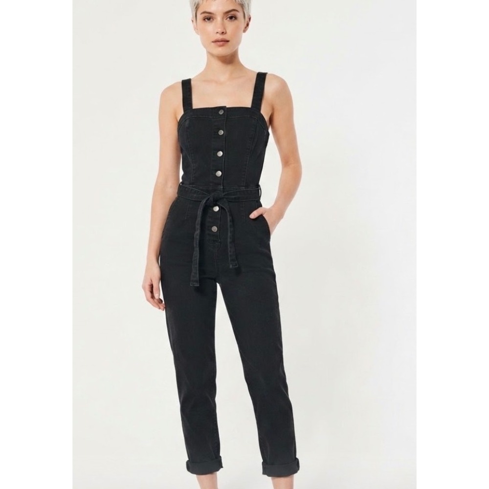 Hollister Womens Black Denim Jumpsuit Adjustable Straps Tie Waist XS